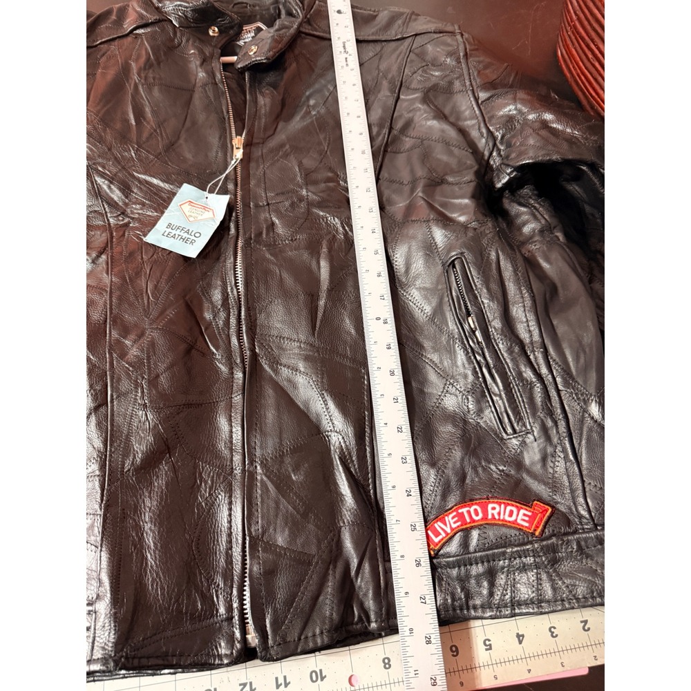 Diamond Plate Buffalo Leather Biker Jacket Mens XL Patchwork Live To Ride Eagle - Picture 11 of 15